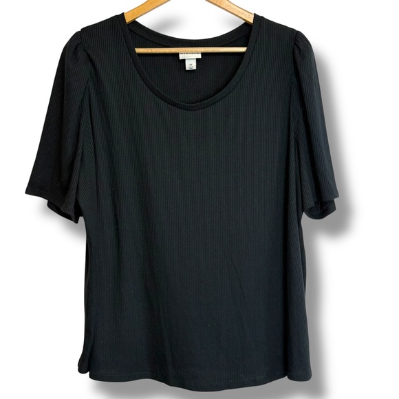 Ava & Viv Plus Womens Rib Knit Puff Sleeve Basic Black Tee Sz 2X Minimalist Goth - Picture 1 of 7